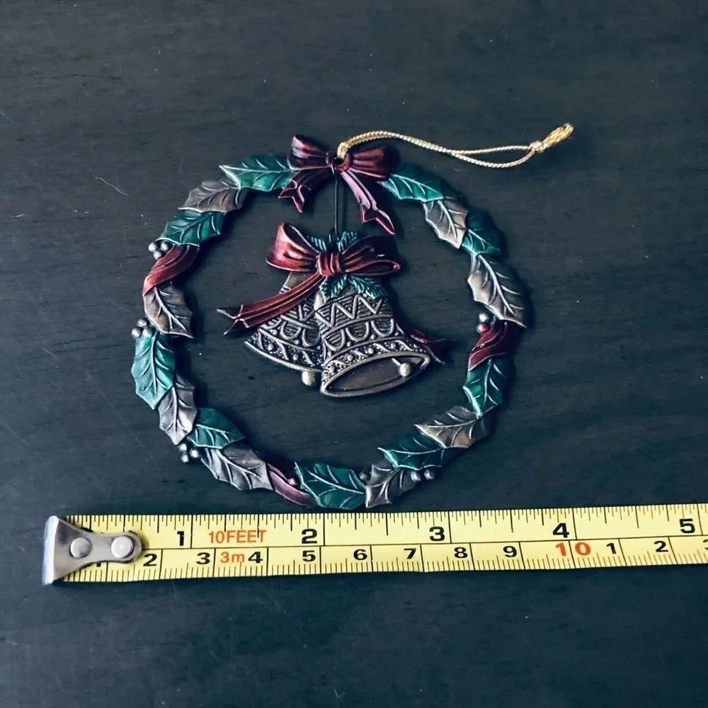 Russ Vintage Christmas Wreath Silver Holly Bells Holiday Ornament